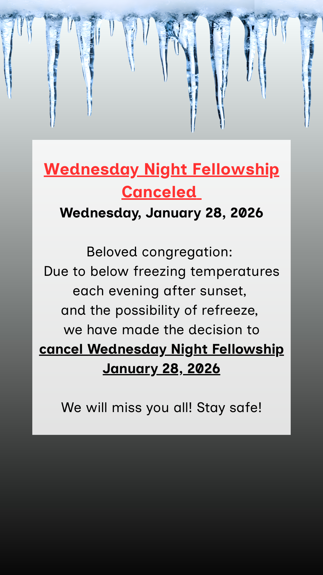 Copy of Home Church Closed to All Activities Saturday, Jan. 24- Sunday, Jan. 25 “He says to the snow, ‘Fall on the Earth.’”—Job 376a Beloved congregation In view of weekend forecasts, Home Church (2)